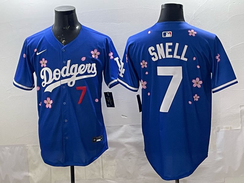 Men Nike 2026 Los Angeles Dodgers #7 Snell Blue Sakura Edition Game MLB Jersey 0012